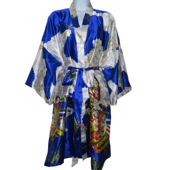 Tang Yi Womens Kimono Robe XL Knee Length Geisha Pagoda Design Blue White NEW - Picture 1 of 12